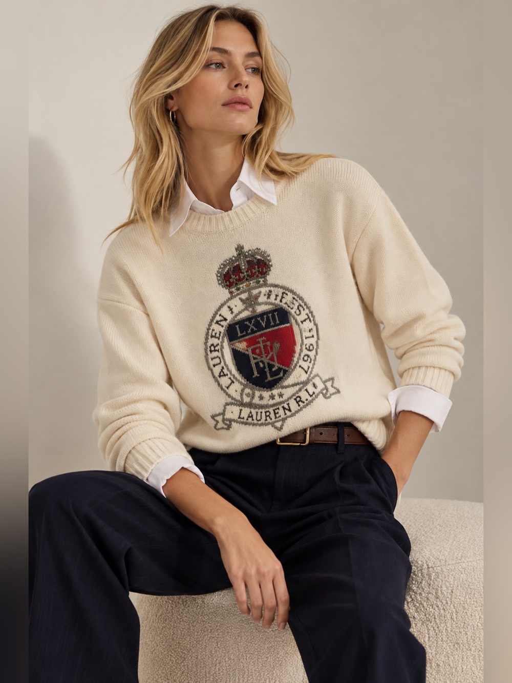 Lauren Ralph Lauren Crest Logo Cotton Knit Sweater Ivory XL